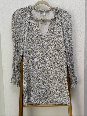 Reformation Cream & Blue Floral Mini Dress Ties at Neck Long Sleeve Cottagecore
